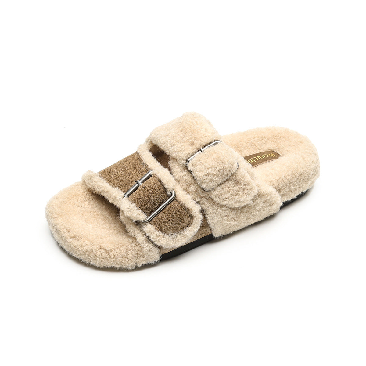 Women Winter Leather Buckle Bedroom Fur Slides-RAIIFY