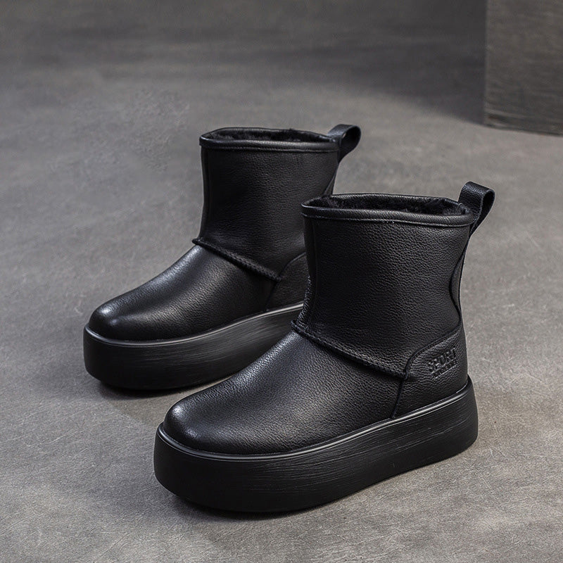 Women's Plain Quilted Leather Fleece Snow Boots