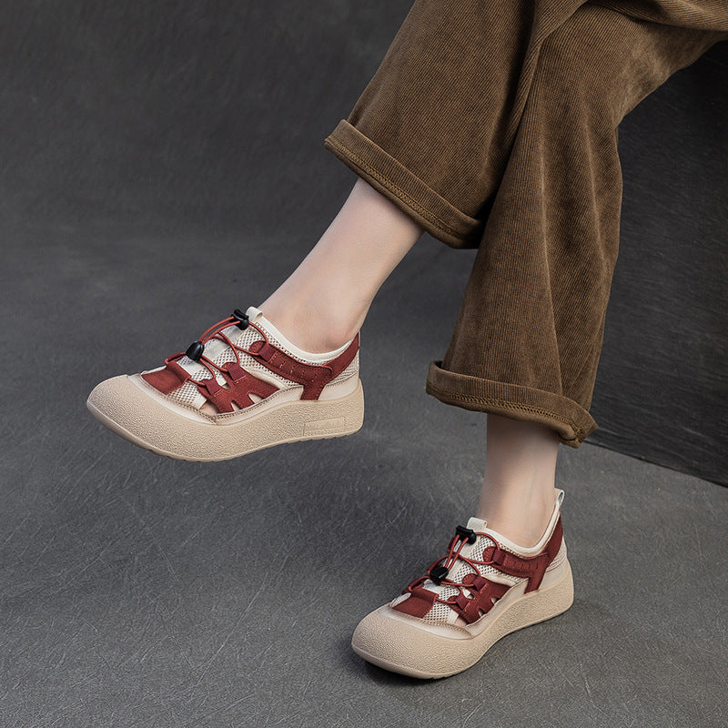 Women Hollow Mesh Leather Elastic Lace Casual Shoes-RAIIFY