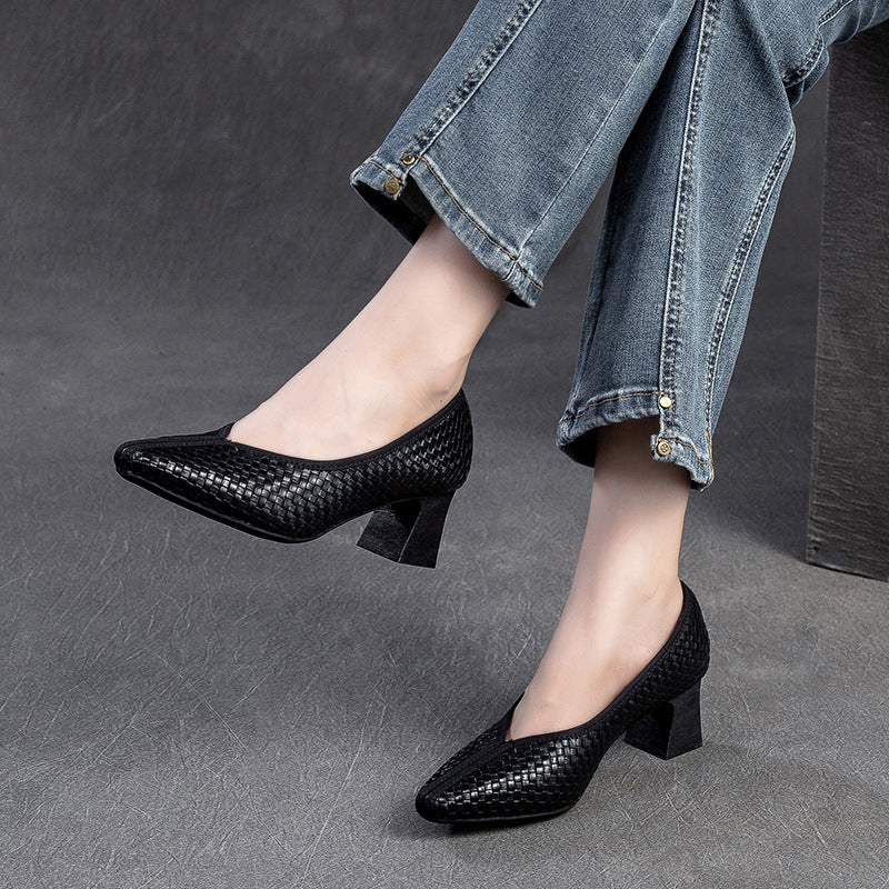 Women Retro Plaited Leather Chunky Heel Pumps-RAIIFY