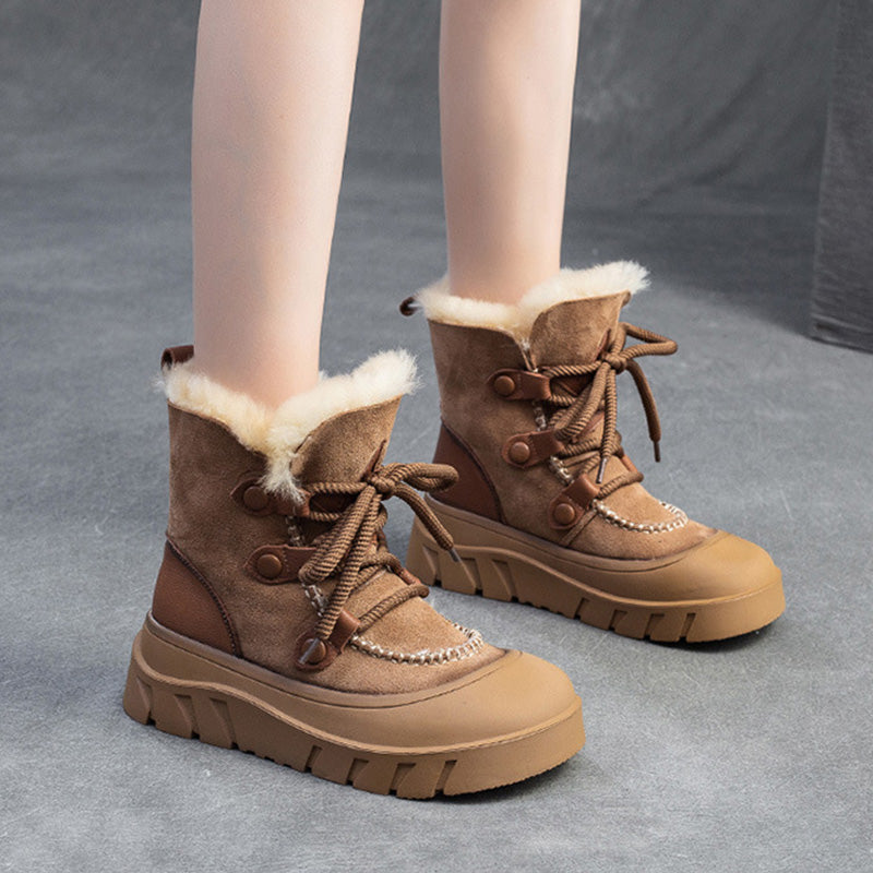 Women Retro Leather Casual Wool Snow Boots-RAIIFY