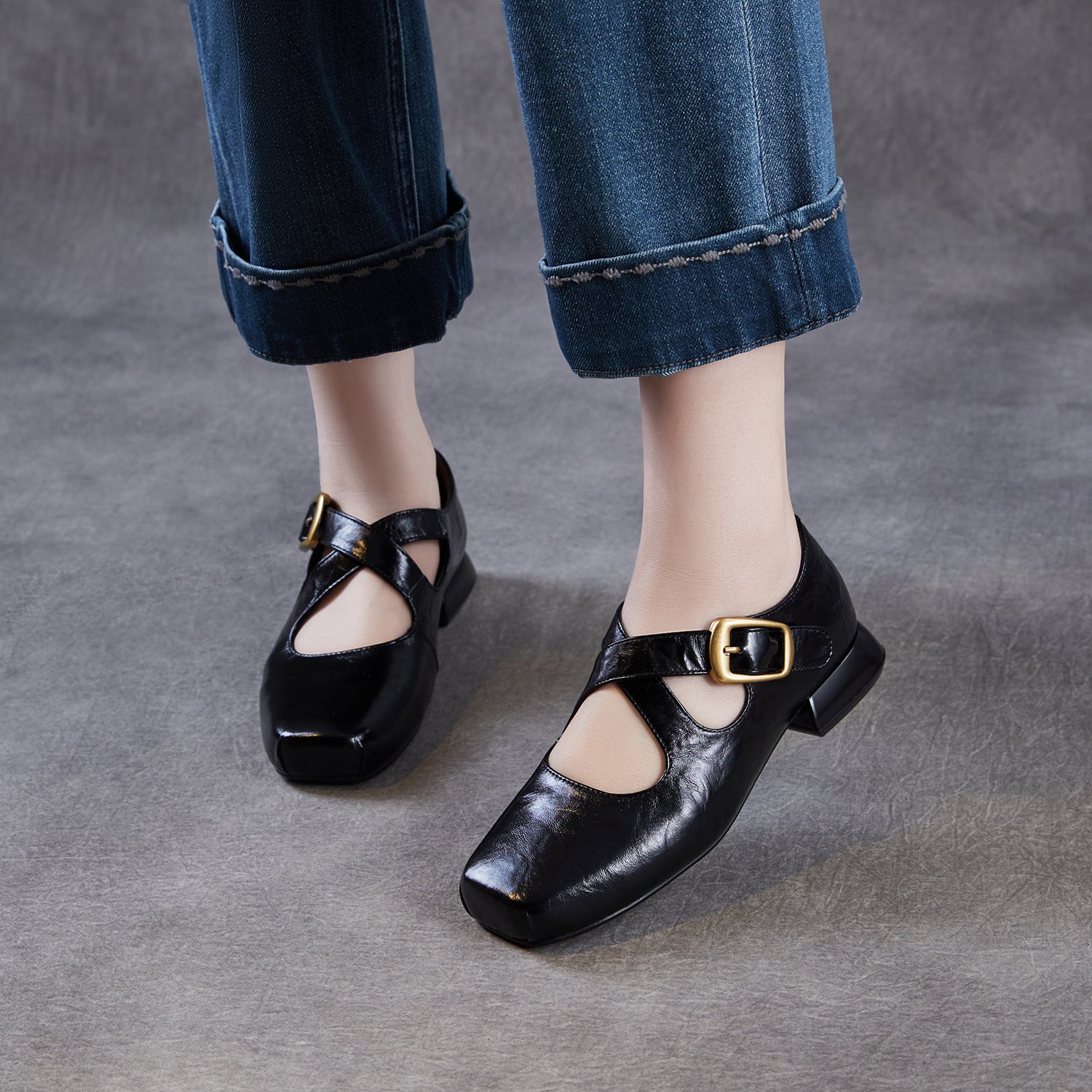Women Genuine Leather Square Toe Low Heel Mary Jane Shoes-RAIIFY