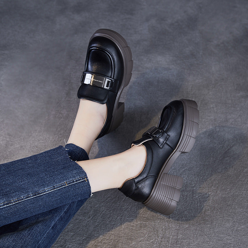 Women Simple Solid Leather Chunky Heel Loafers-RAIIFY