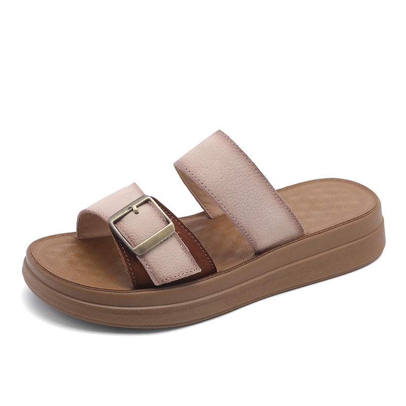 Women's Plain Leather Summer Casual Slides-RAIIFY