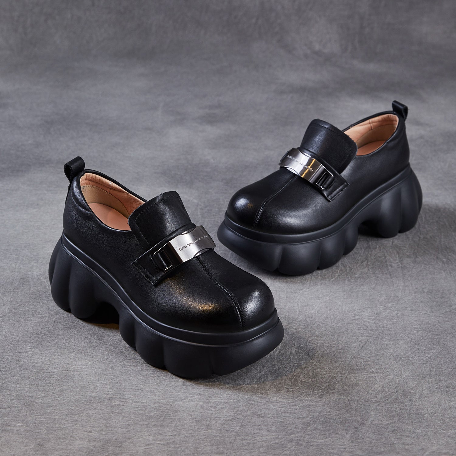 Women Genuine Leather Metal Buckle Platform Wedge Loafers-RAIIFY