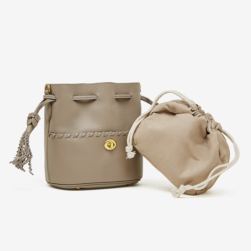 Women's Leather Tassel Lacing Bucket Bag-RAIIFY
