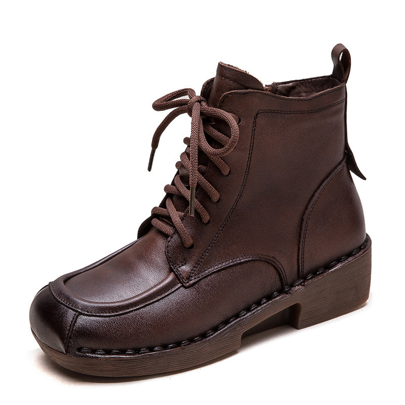 Women Retro Leather Squared Head Casual Ankle Boots-RAIIFY