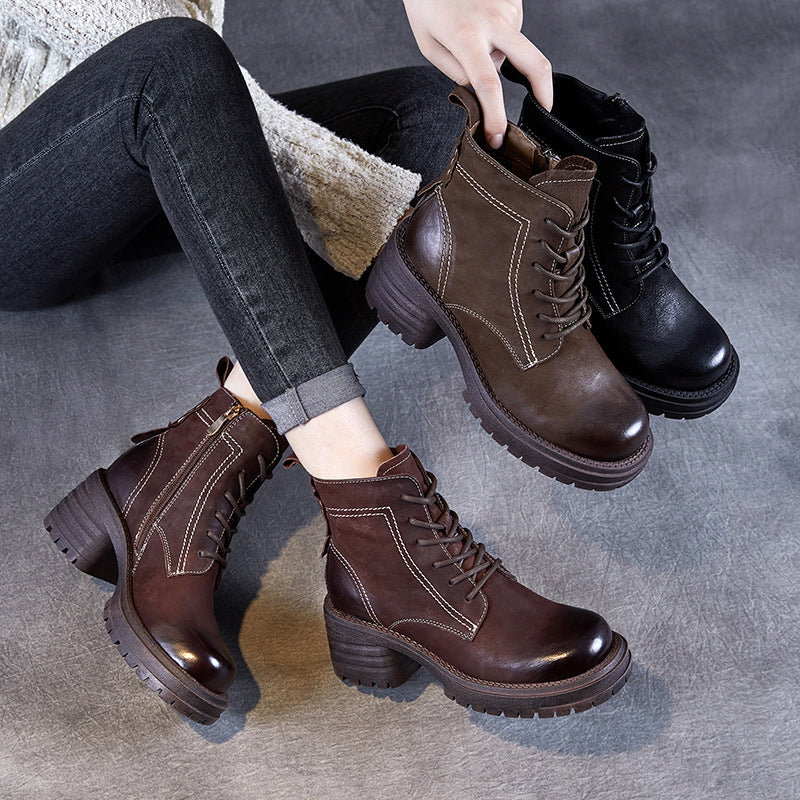 Women Vintage Qulited Leather Chunky Heel Ankle Boots-RAIIFY