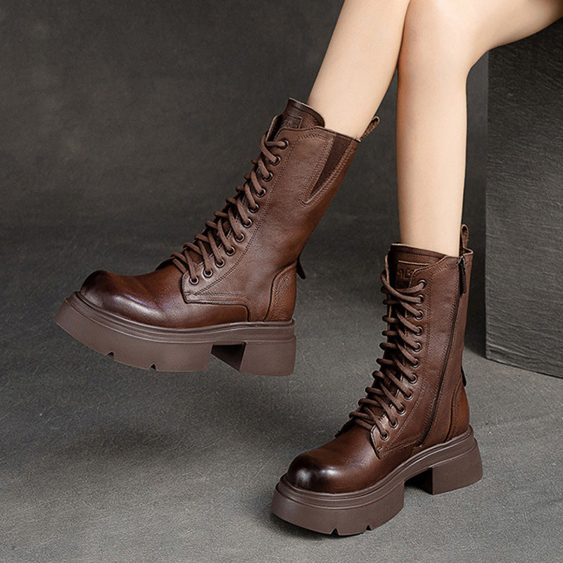 Women Retro Classic Leather Platform Mid-Calf Boots-RAIIFY