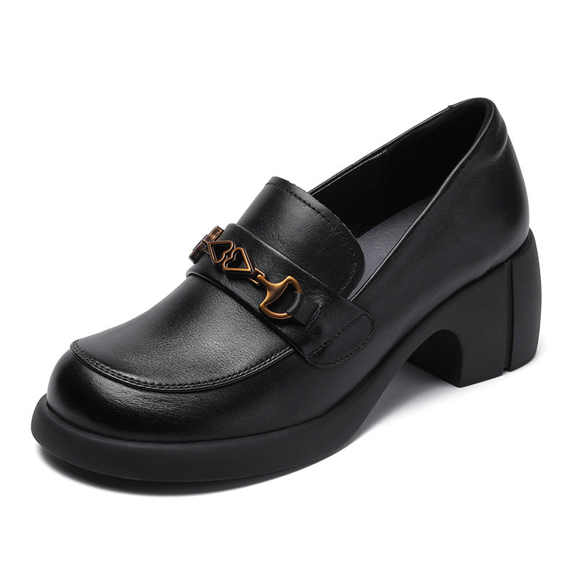 Women Retro Cowhide Chunky Sole Casual Loafers-RAIIFY