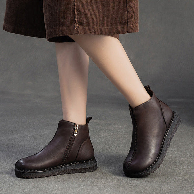 Women's Vintage Plain Leather Furred Flat Ankle Boots-RAIIFY