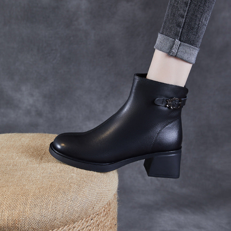 Women Minimalism Solid Leather Furred Chunky Heel Boots-RAIIFY