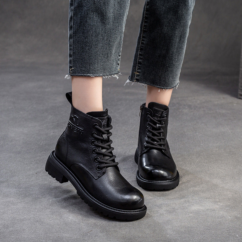 Women Vintage Solid Leather Casual Ankle Boots-RAIIFY