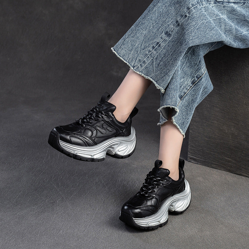 Women Vintage Casual Leather Chunky Platform Sneakers-RAIIFY