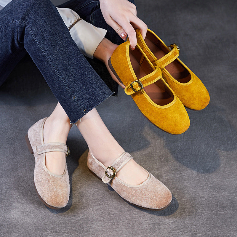 Women Retro Plain Suede Buckle Soft Flats-RAIIFY