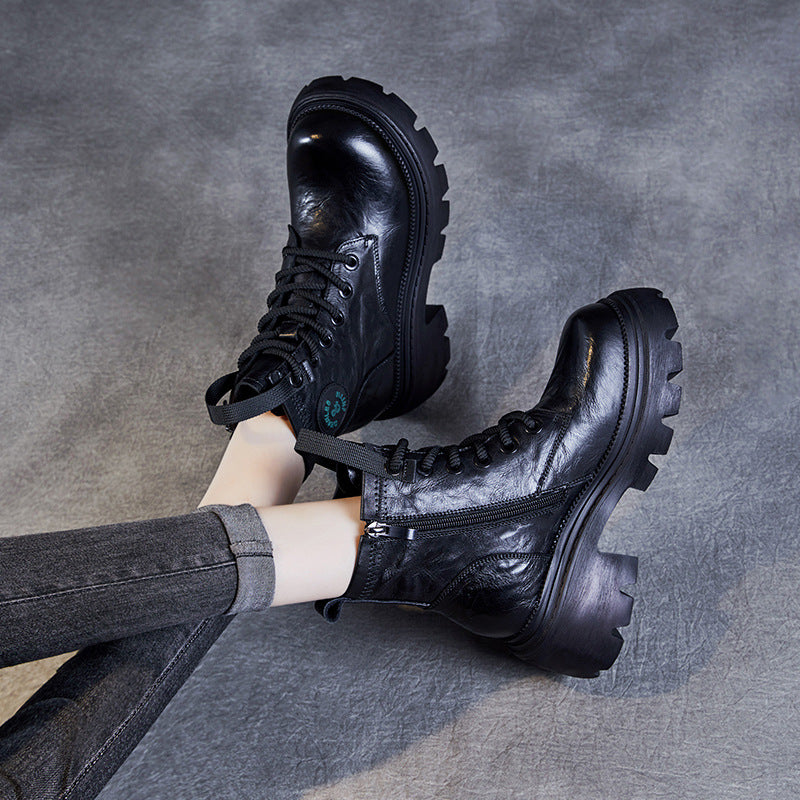 Women Vintage Leather Thick Soled Combat Boots-RAIIFY