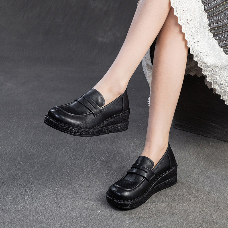 Women Minimalism Solid Leather Wedge Loafers-RAIIFY