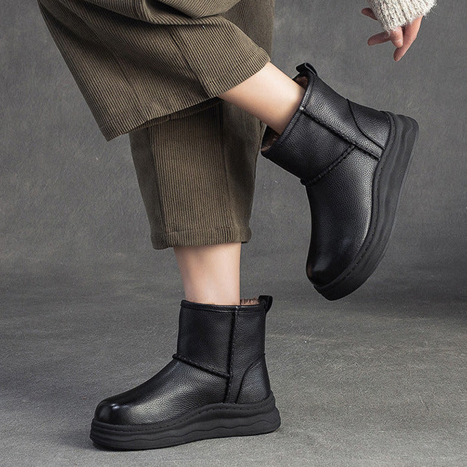 Women's Minimalist Leather Furred Slip-on Snow Boots-RAIIFY