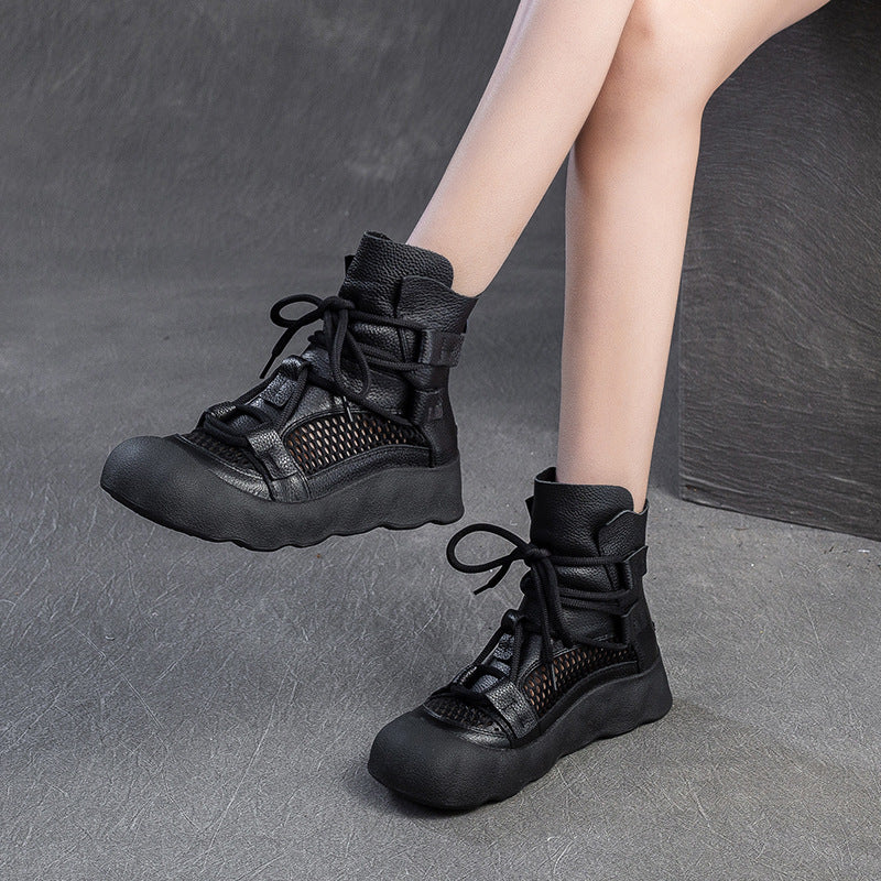 Women Plain Soft Leather Breathable Mesh Boots-RAIIFY