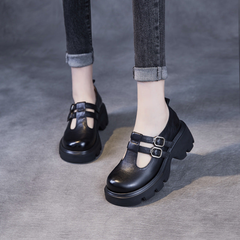 Women Solid Leather Buckle Thick Soled Mary Jane Shoes-RAIIFY