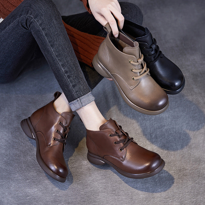 Women Retro Solid Leather Lace-up Ankle Boots-RAIIFY