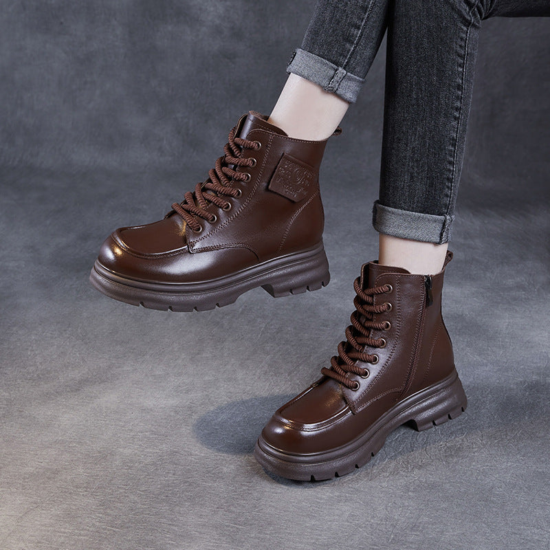 Women Vintage Solid Cowhide Casual Ankle Boots-RAIIFY