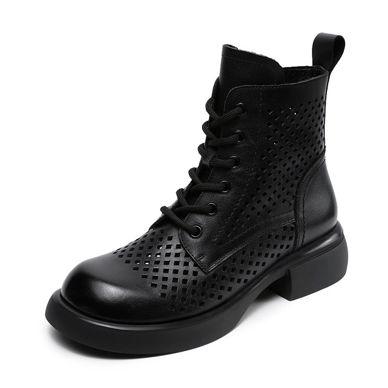 Women Retro Plain Hollow Leather Breathable Boots-RAIIFY