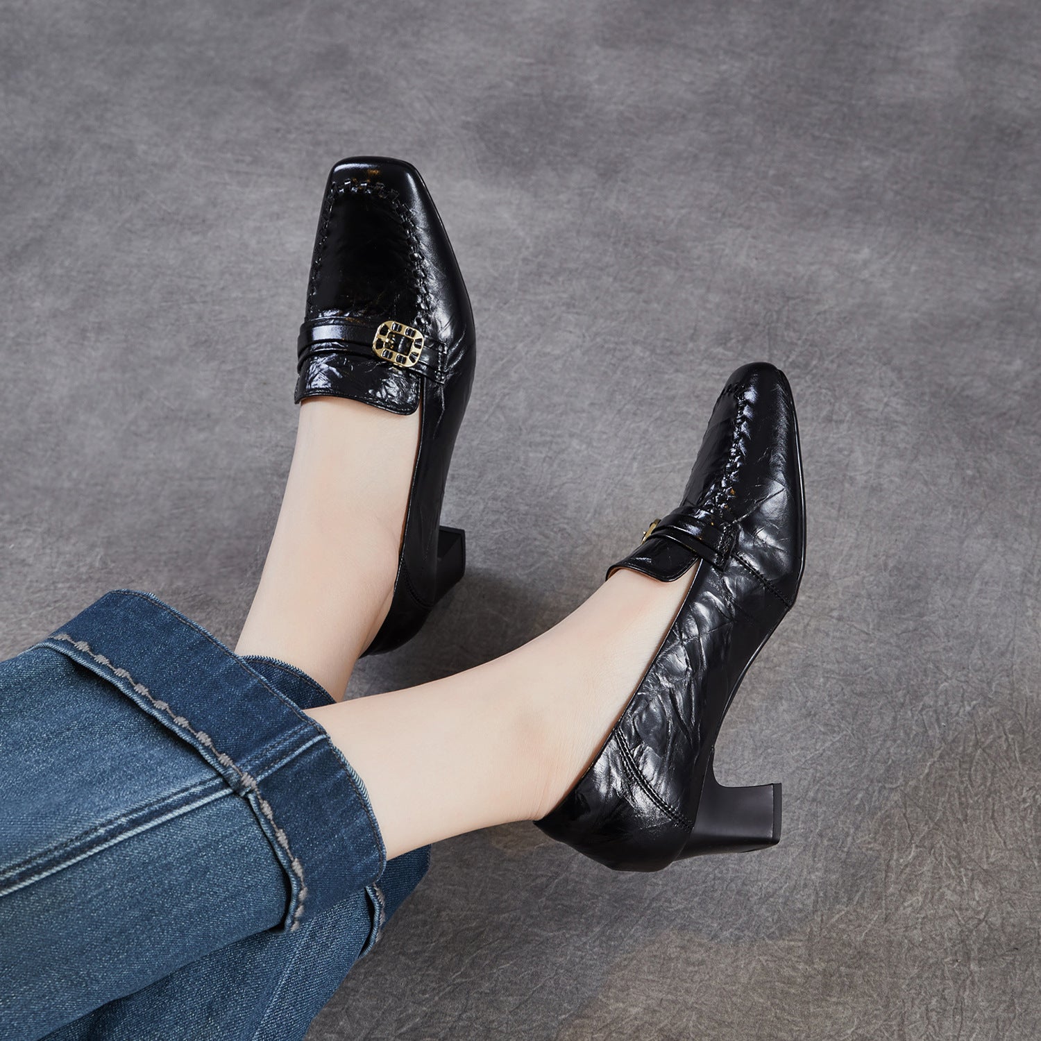 Women's Vintage Leather Block Heel Loafers-RAIIFY