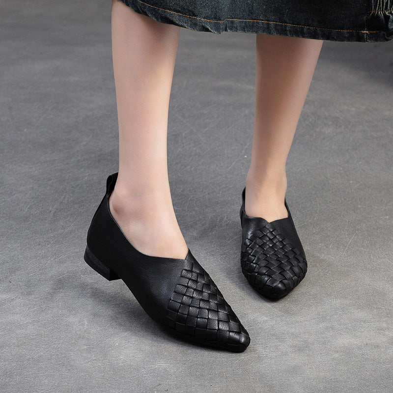 Women Retro Soft Plaited Leather Pointed-Toe Casual Shoes-RAIIFY