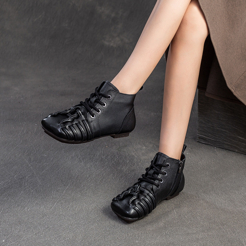 Women Retro Plaited Leather Soft Flat Ankle Boots-RAIIFY