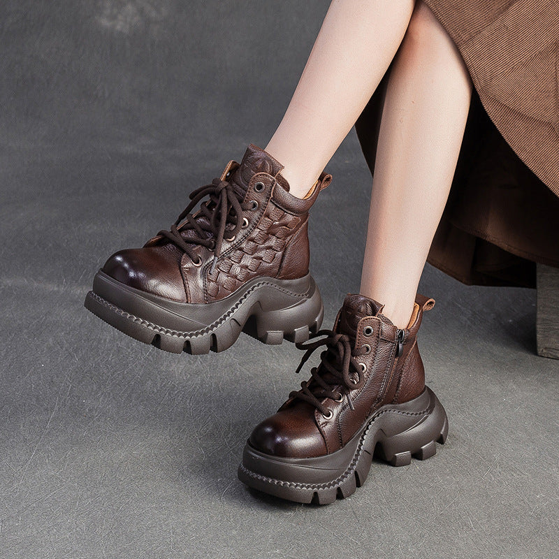 Women's Retro Woven Leather Comfort Platform Boots-RAIIFY