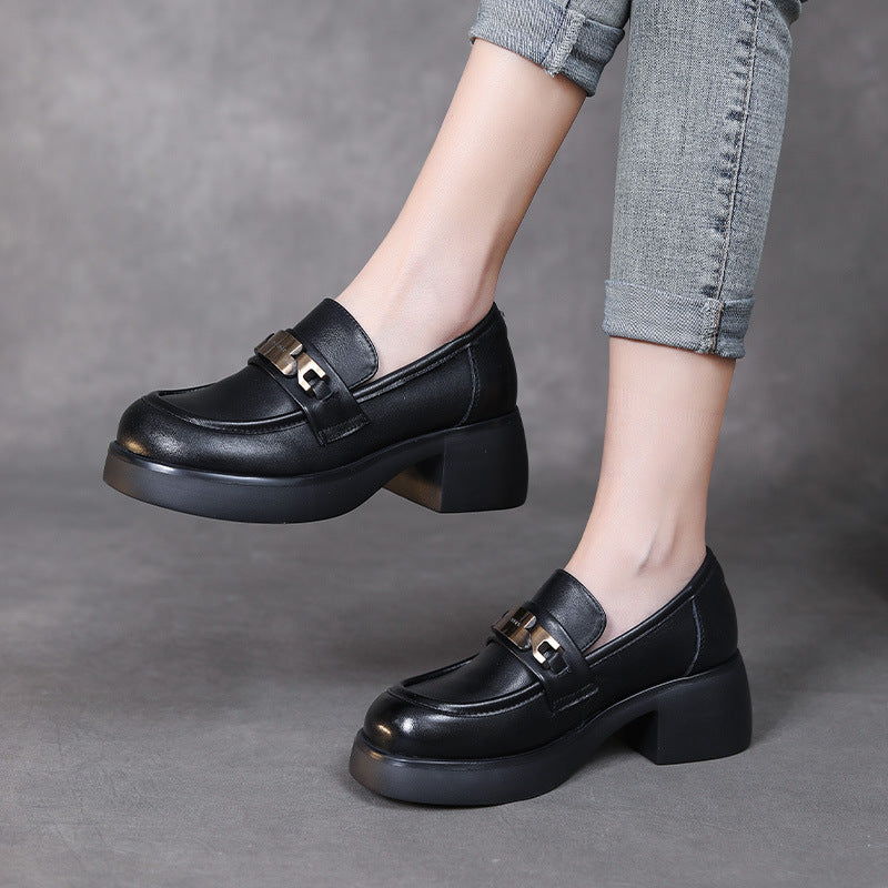 Women Retro Classic Leather Chunky Heel Loafers-RAIIFY