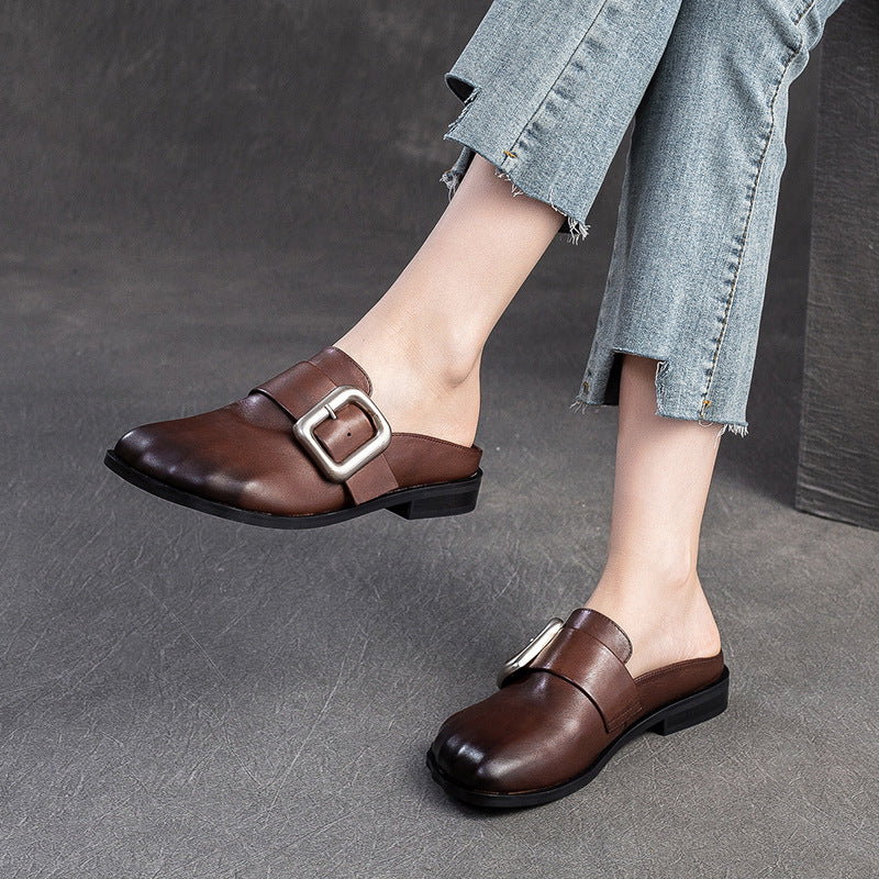 Women Retro Leather Casual Flat Mules-RAIIFY