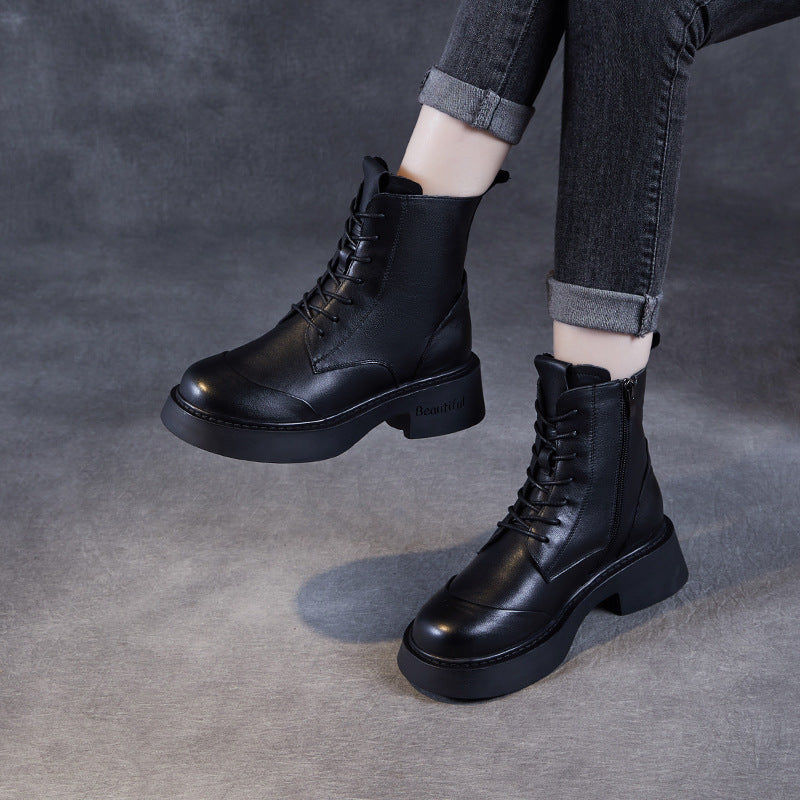 Women Classic Solid Leather Low Block Boots-RAIIFY