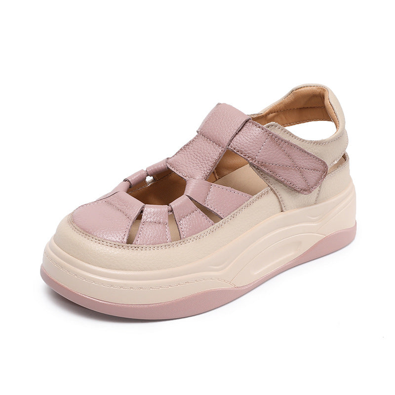 Women Plain Leather Round Head Platform Casual Sandals-RAIIFY
