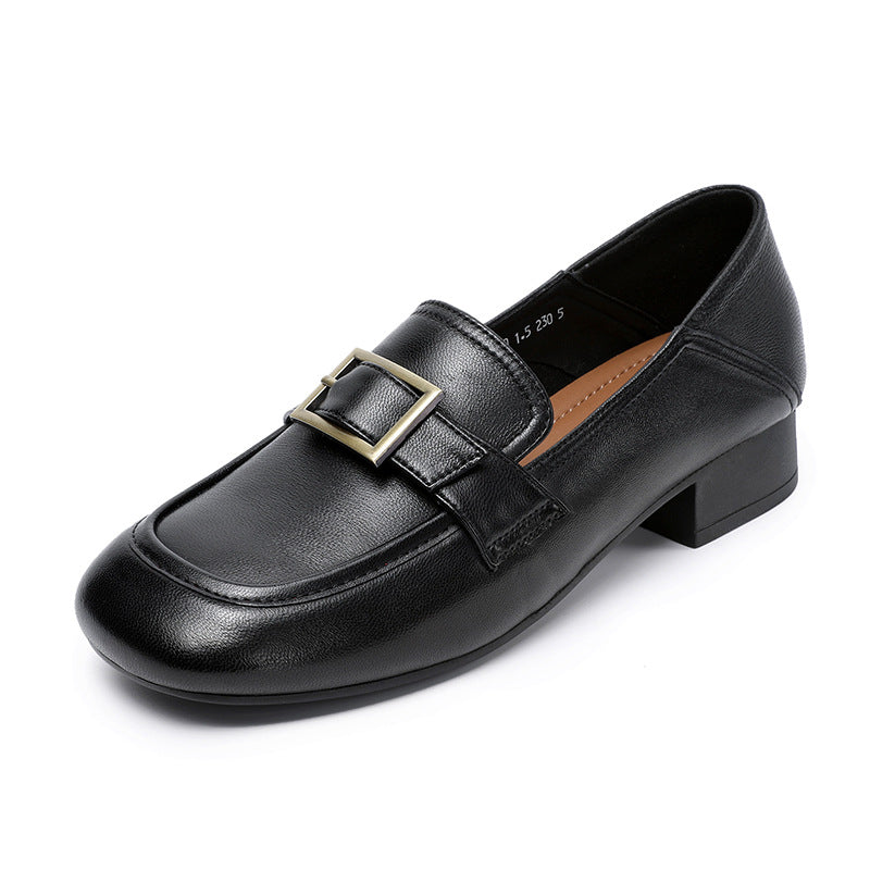 Women Plain Sheepskin Low Block Work Loafers-RAIIFY