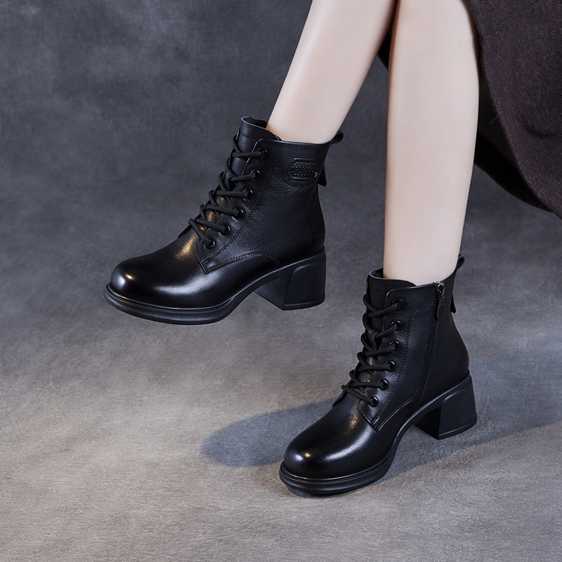 Women Classic Solid Leather Chunky Heel Ankle Boots-RAIIFY