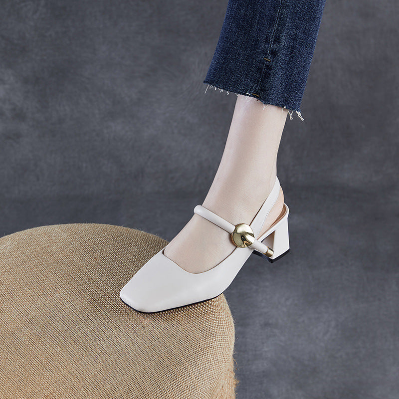 Women Minimalism Plain Leather Round Toe Pump Sandals-RAIIFY