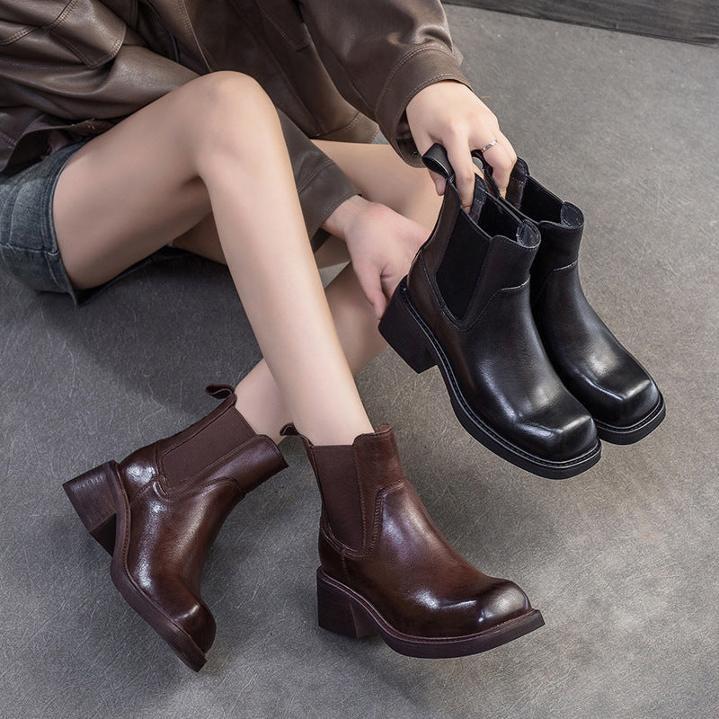 Women Vintage Solid Leather Casual Ankle Boots-RAIIFY