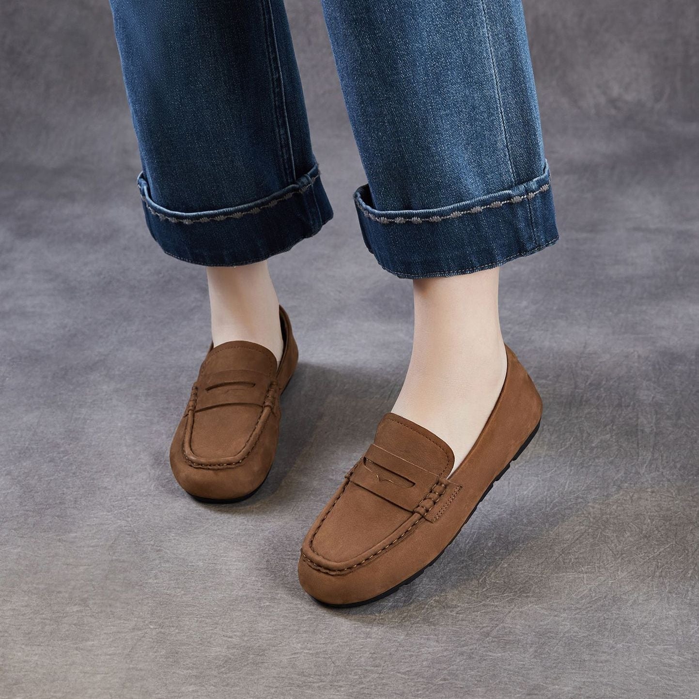 Women's Vintage Plain Leather Flat Casual Loafers