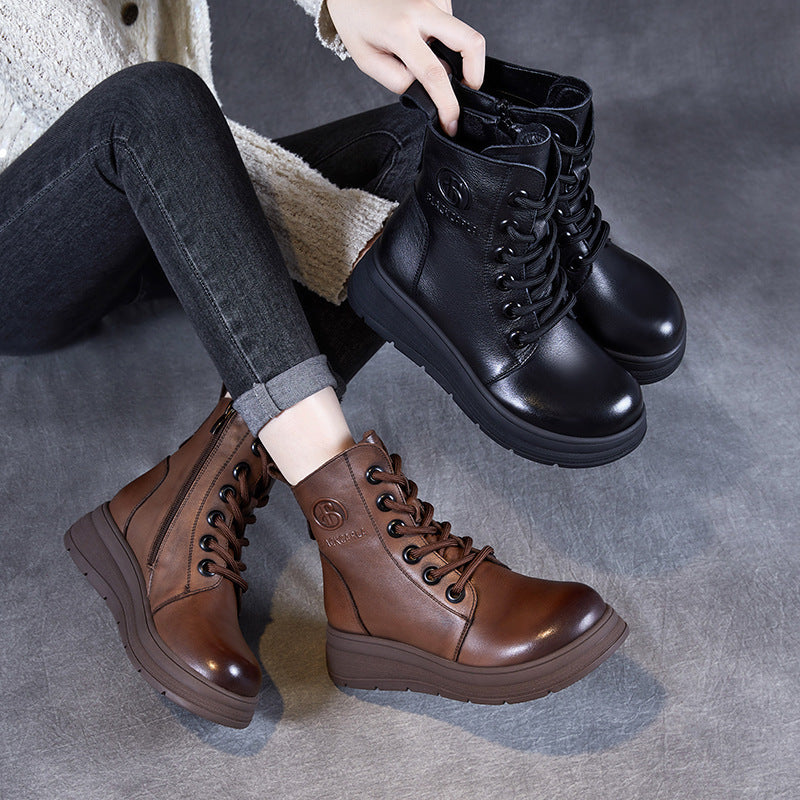 Women Vintage Solid leather Casual Ankle Boots-RAIIFY