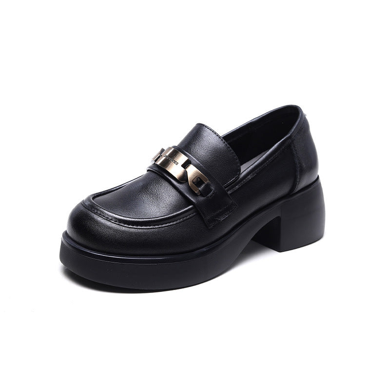 Women Retro Classic Leather Chunky Heel Loafers-RAIIFY