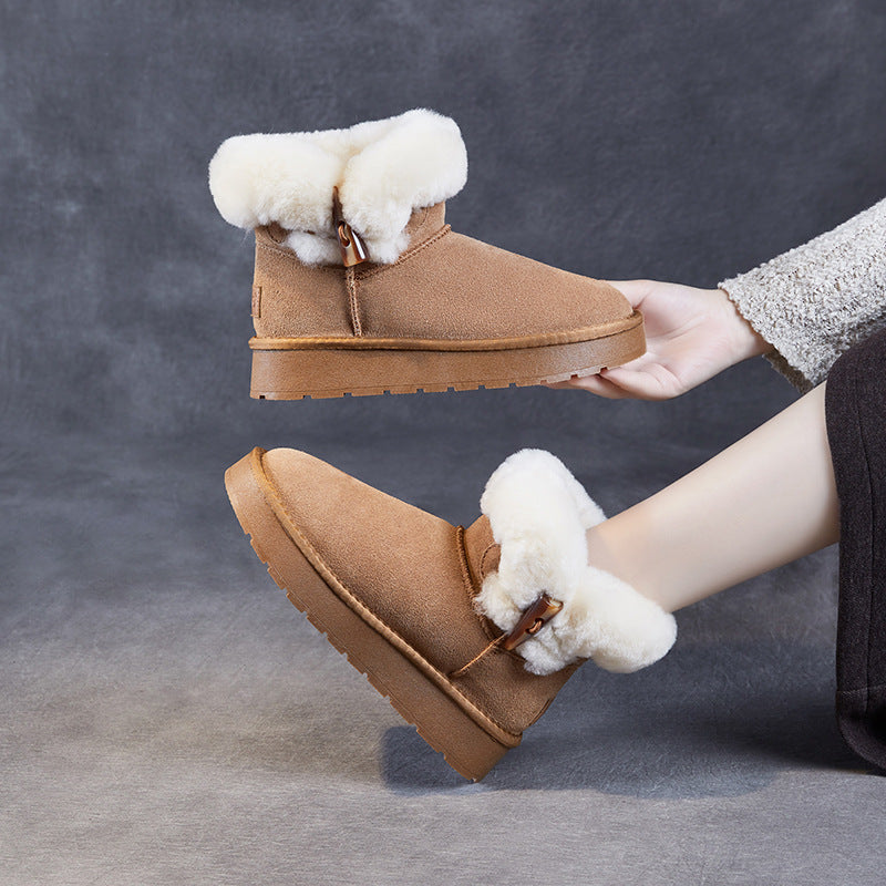 Women Solid Suede Furred Ankle Snow Boots-RAIIFY