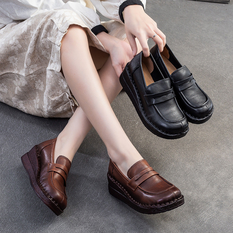 Women Minimalism Solid Leather Wedge Loafers-RAIIFY