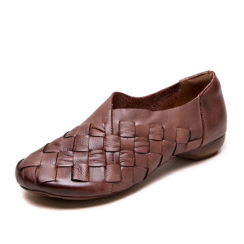 Women Handmade Plaited Solid Leather Casual Shoes-RAIIFY