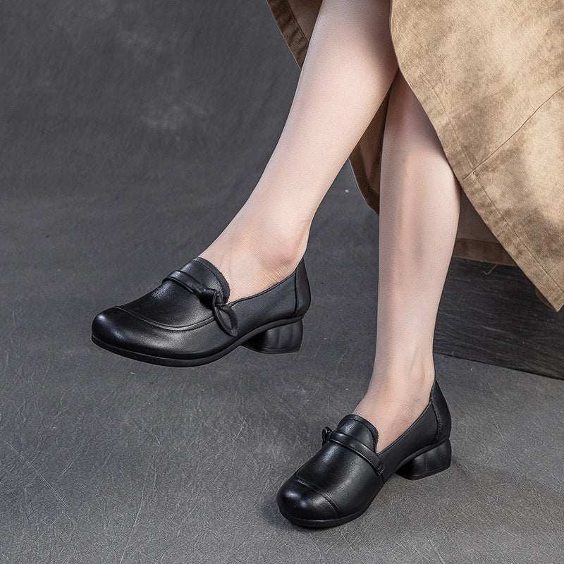 Women's Retro Plain Leather Chunky Heel Loafers-RAIIFY