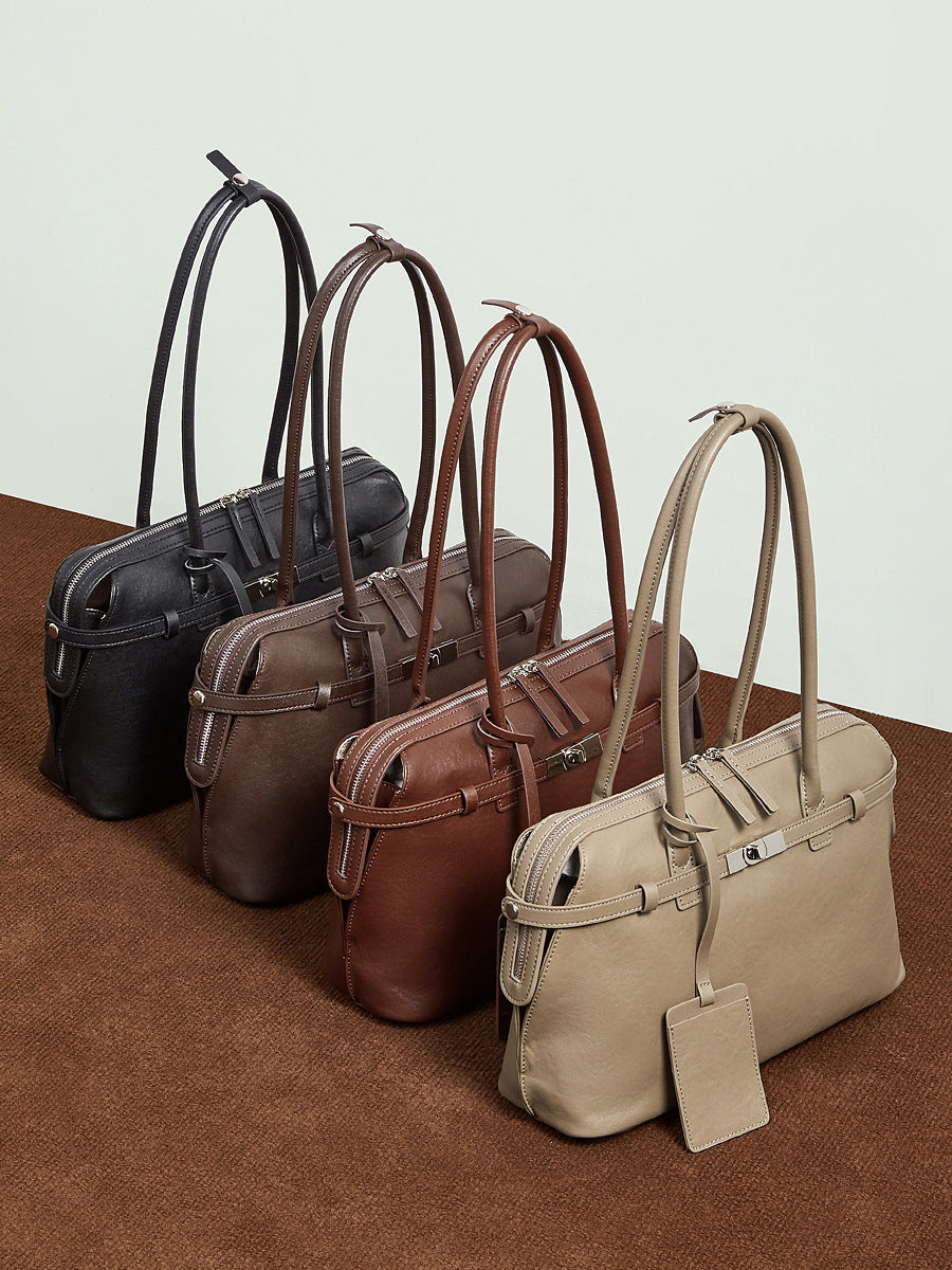 Women's Plain Leather Tote Handbag Shoulder Bag-RAIIFY