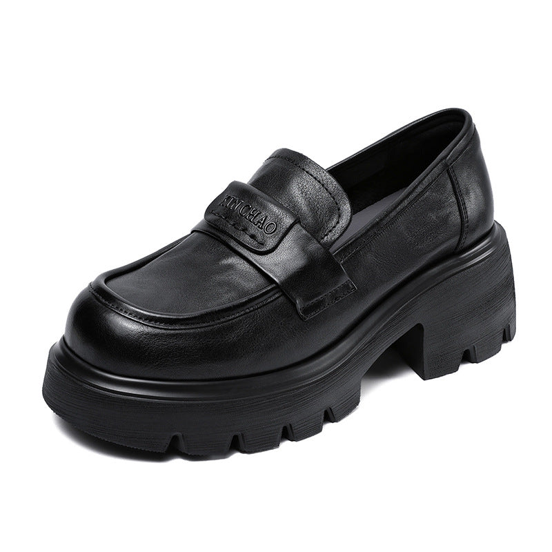 Women Minimalism Solid Leather Chunky Heel Loafers-RAIIFY