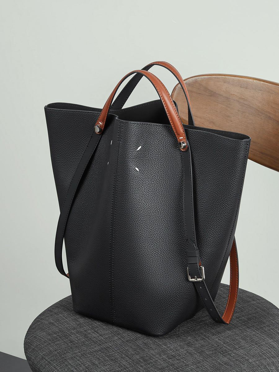 Women’s Soft Plain Leather Casual Bucket Bag-RAIIFY