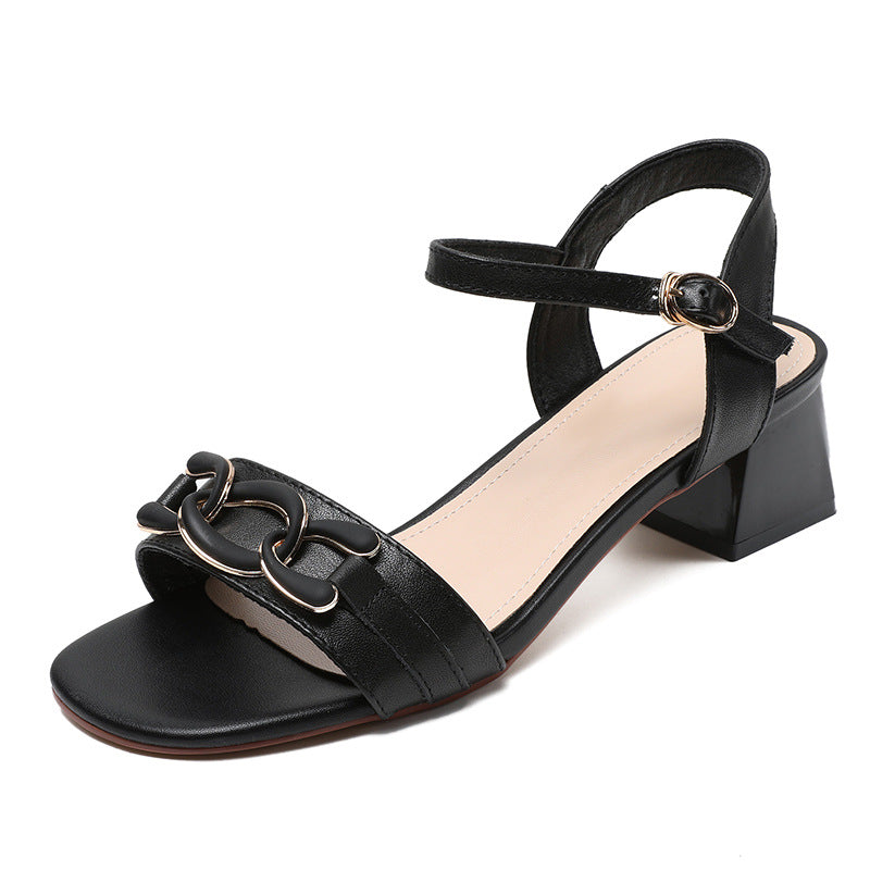 Women Minimalist Fashion Leather Low Block Sandals-RAIIFY